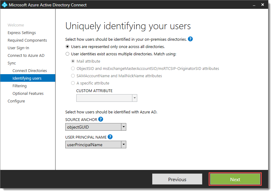 Azure ad connect. Custom attributes. Connection identifier. User settings. Directory options